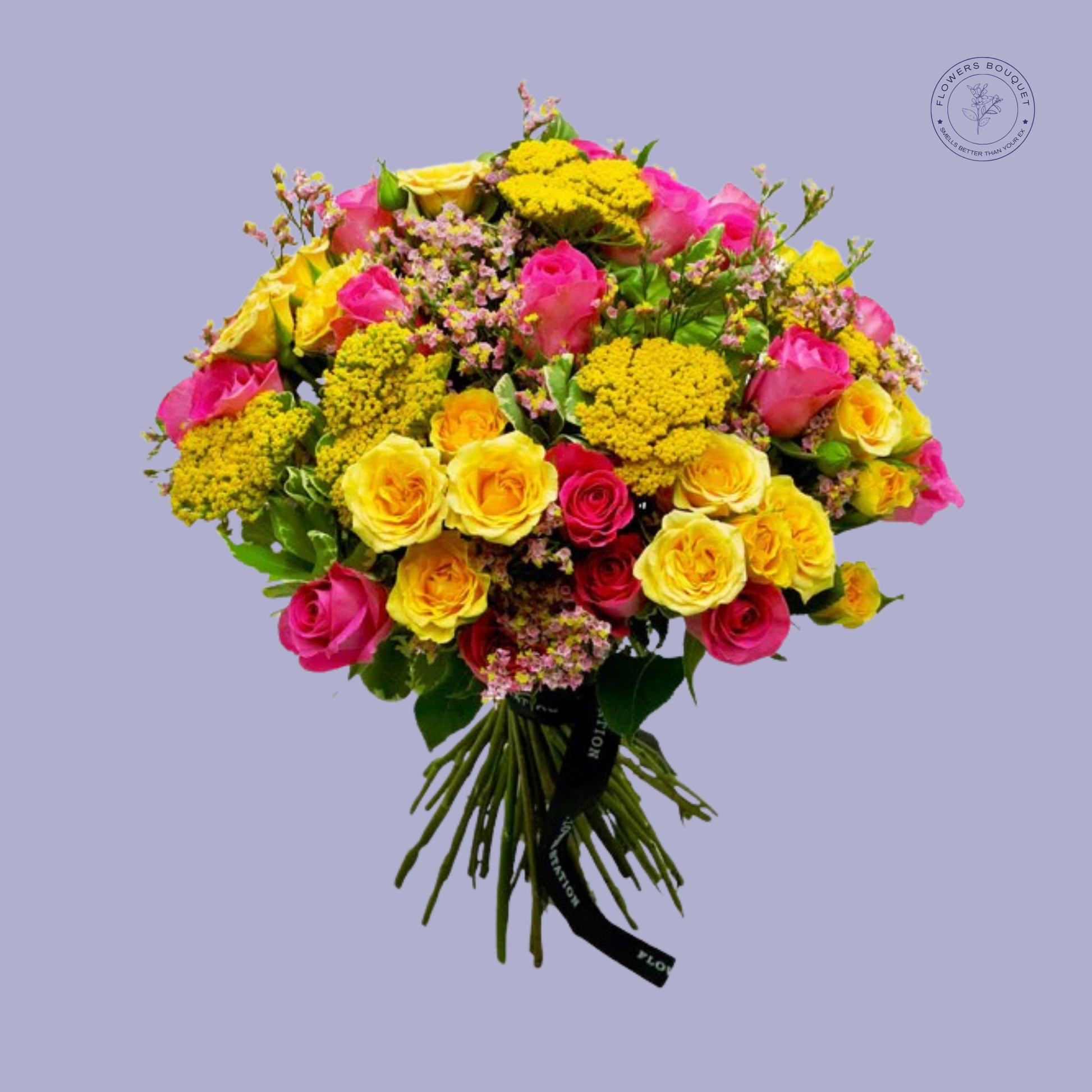 Bright and colorful bouquet with pink, yellow roses, and yellow yarrow, tied with a satin ribbon.