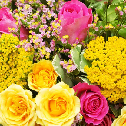 Colorful Mixed Roses and Yellow Yarrow Bouquet