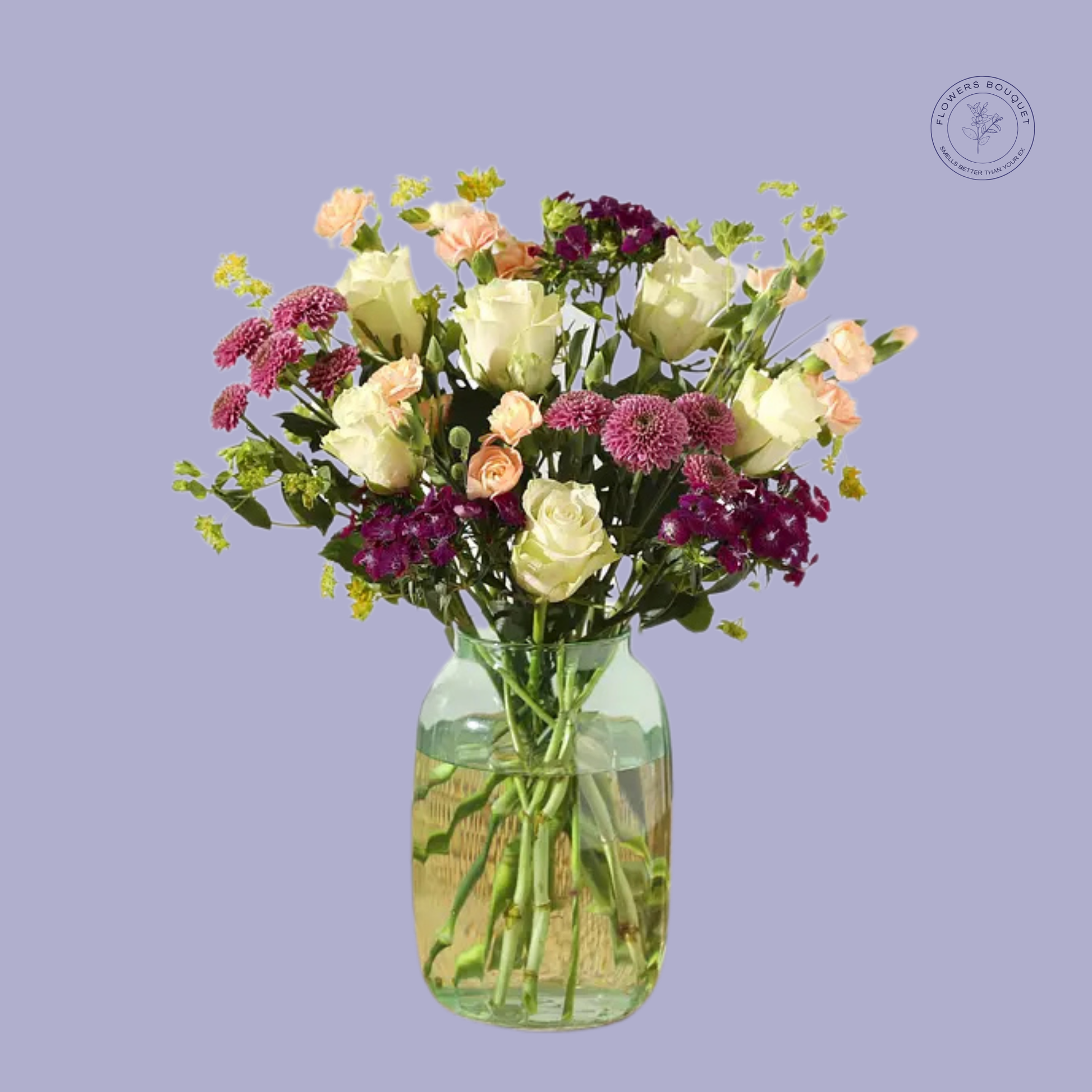 Elegant Ivory Charm floral arrangement with ivory roses, blush spray roses, burgundy chrysanthemums, and peach lisianthus in a green-tinted glass vase.