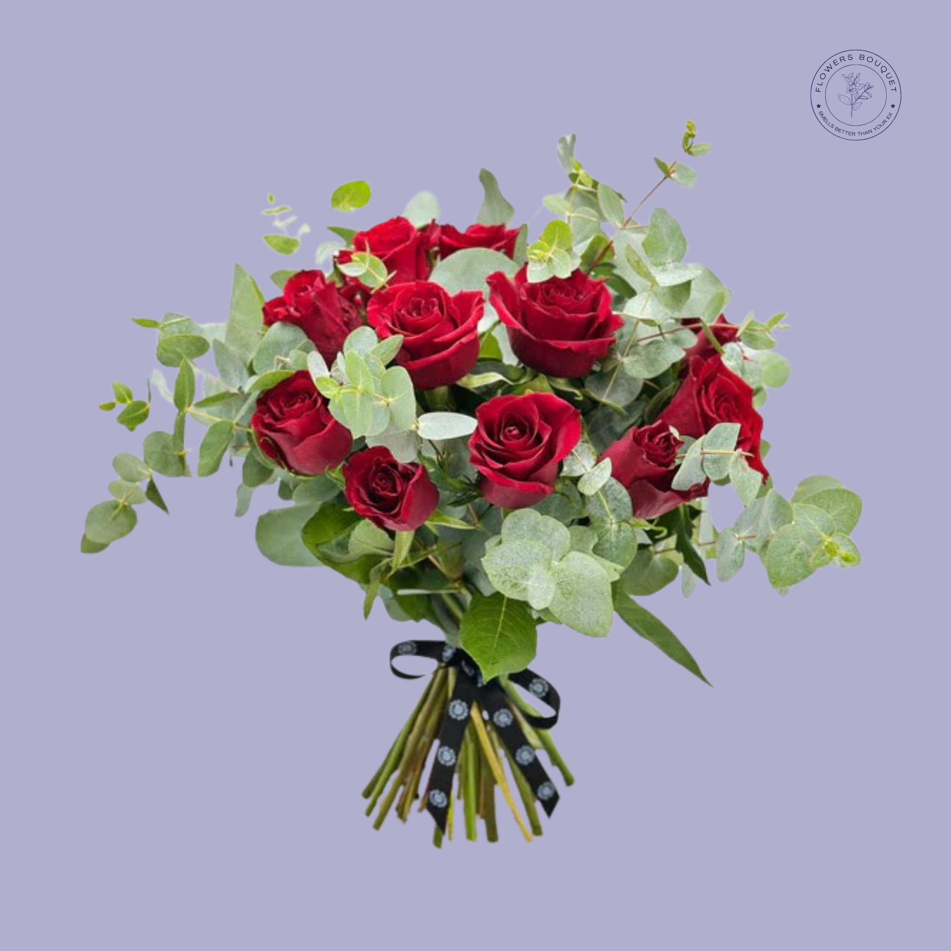 Elegant bouquet of red roses with eucalyptus leaves, tied with a black ribbon.