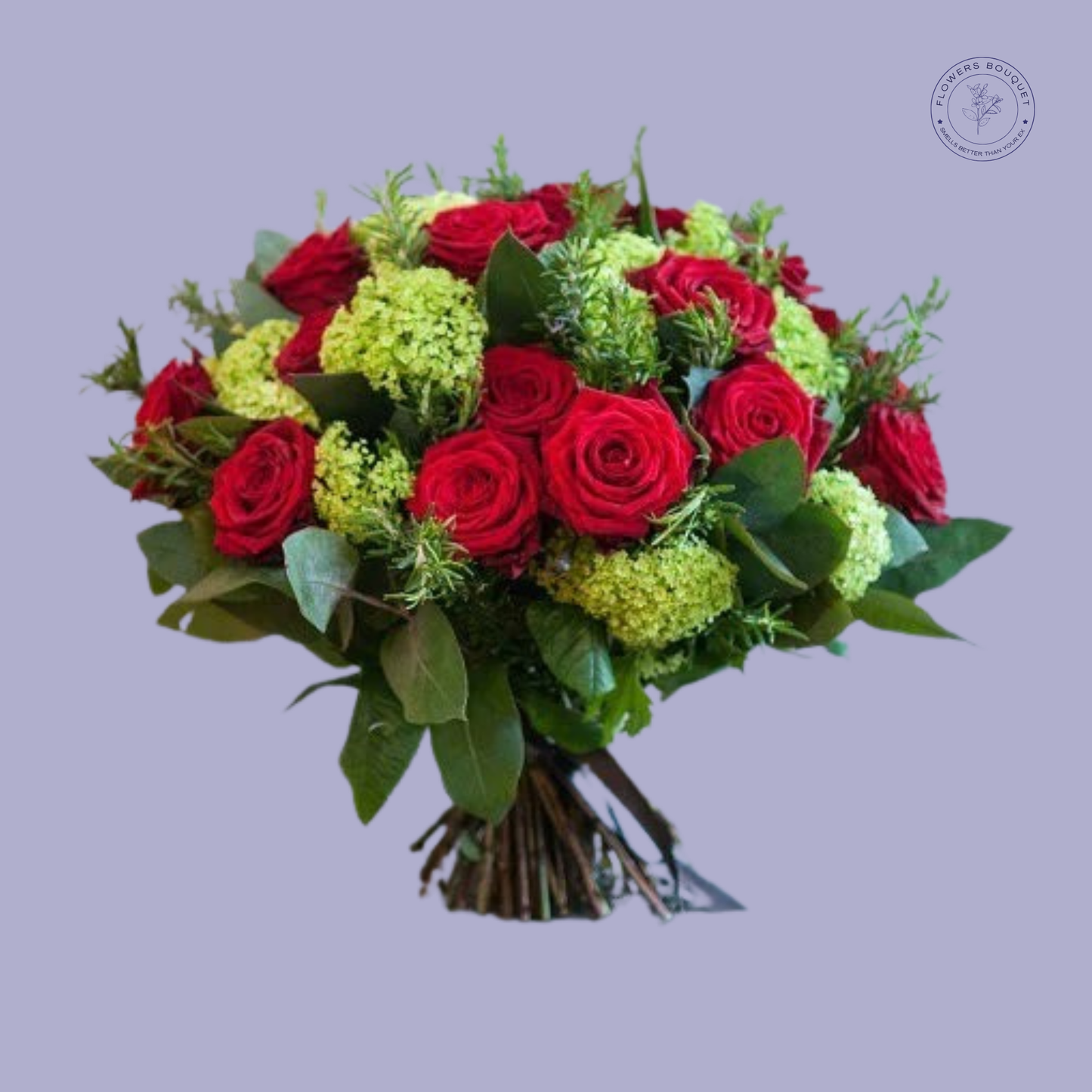 Elegant bouquet of red roses and green hydrangeas, wrapped with fresh greenery and tied with a ribbon.