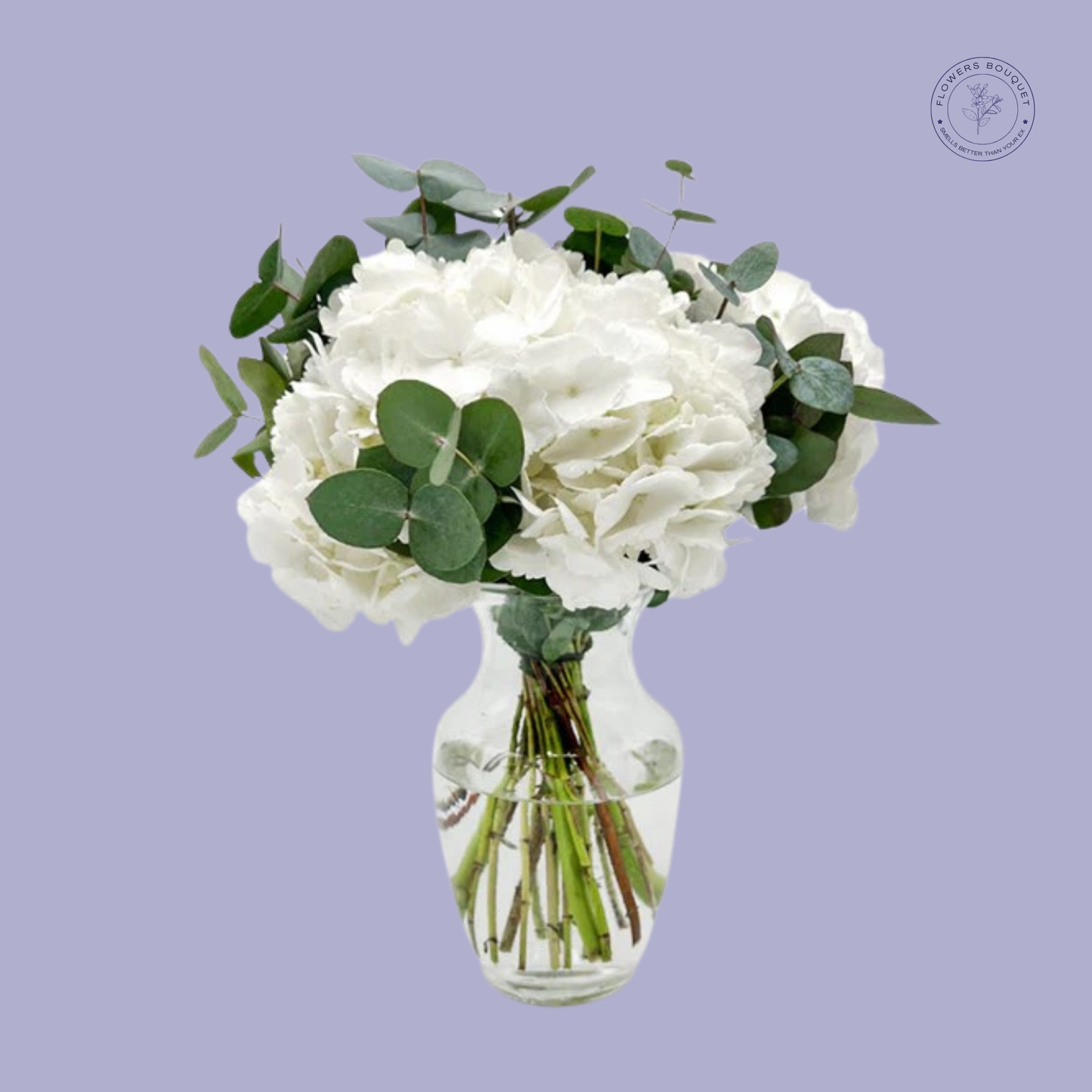 Elegant white hydrangea bouquet with eucalyptus leaves, wrapped in a delicate ribbon.