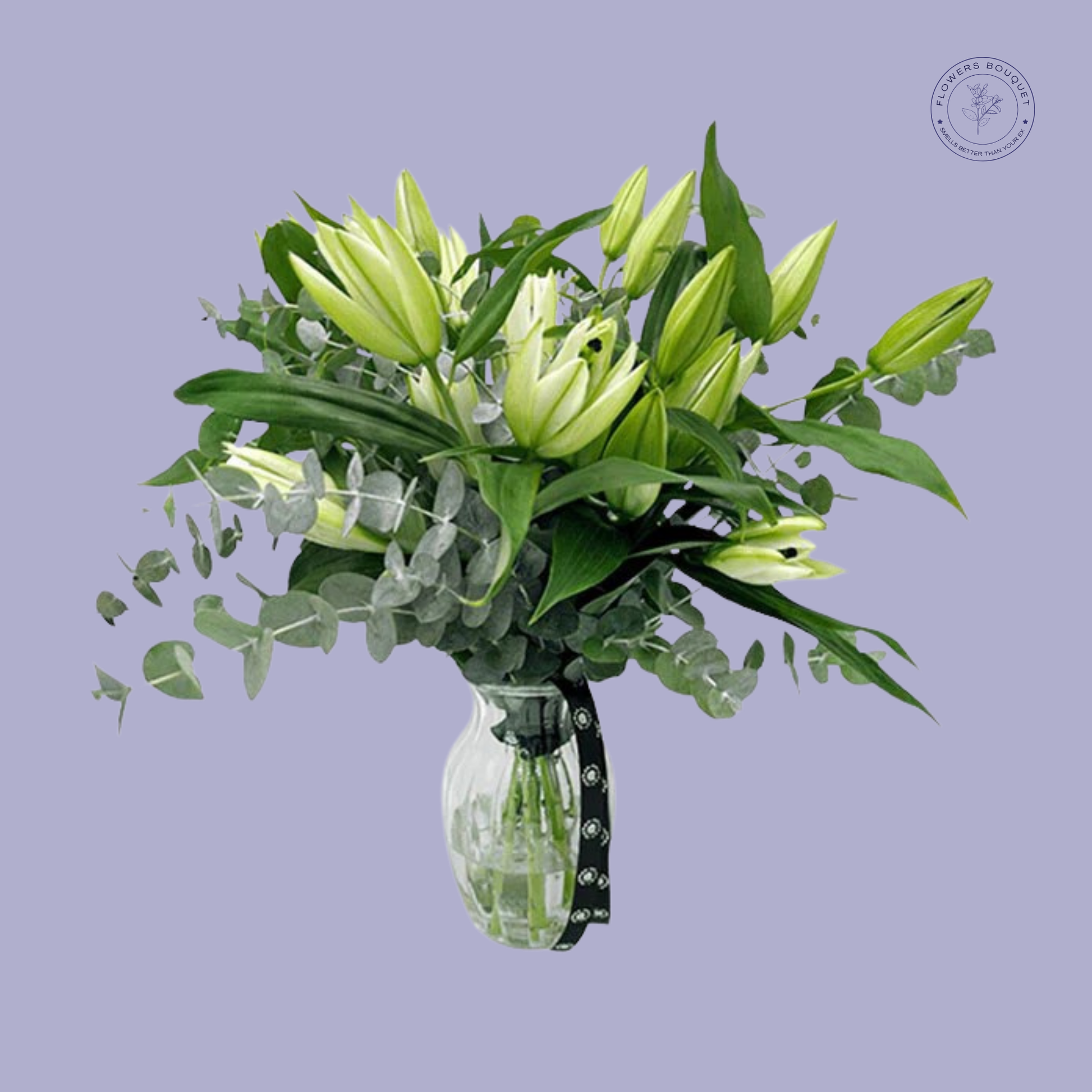   Elegant white lilies with eucalyptus leaves arranged in a premium bouquet.
