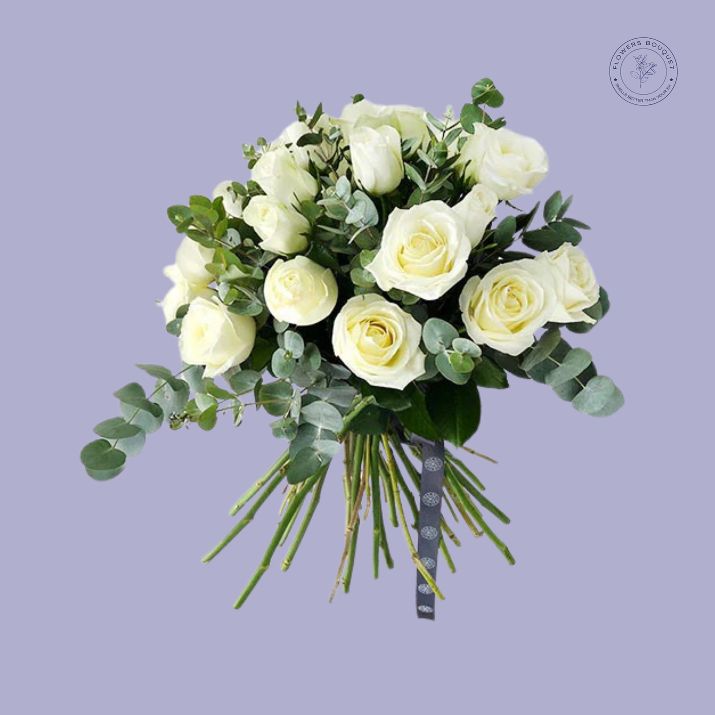 Elegant white roses and eucalyptus bouquet with fresh greenery in a glass vase.