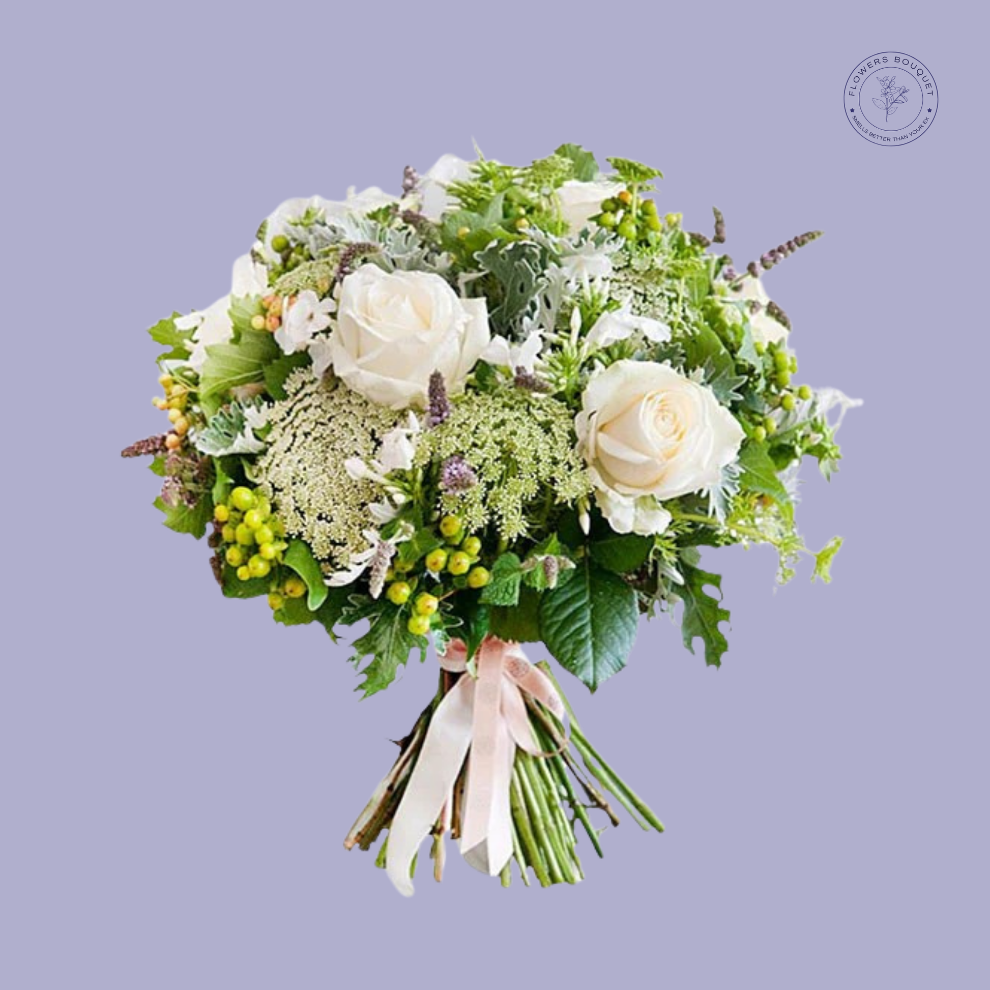 Elegant bouquet with white roses, yellow berries, and lush greenery, wrapped with a satin ribbon.