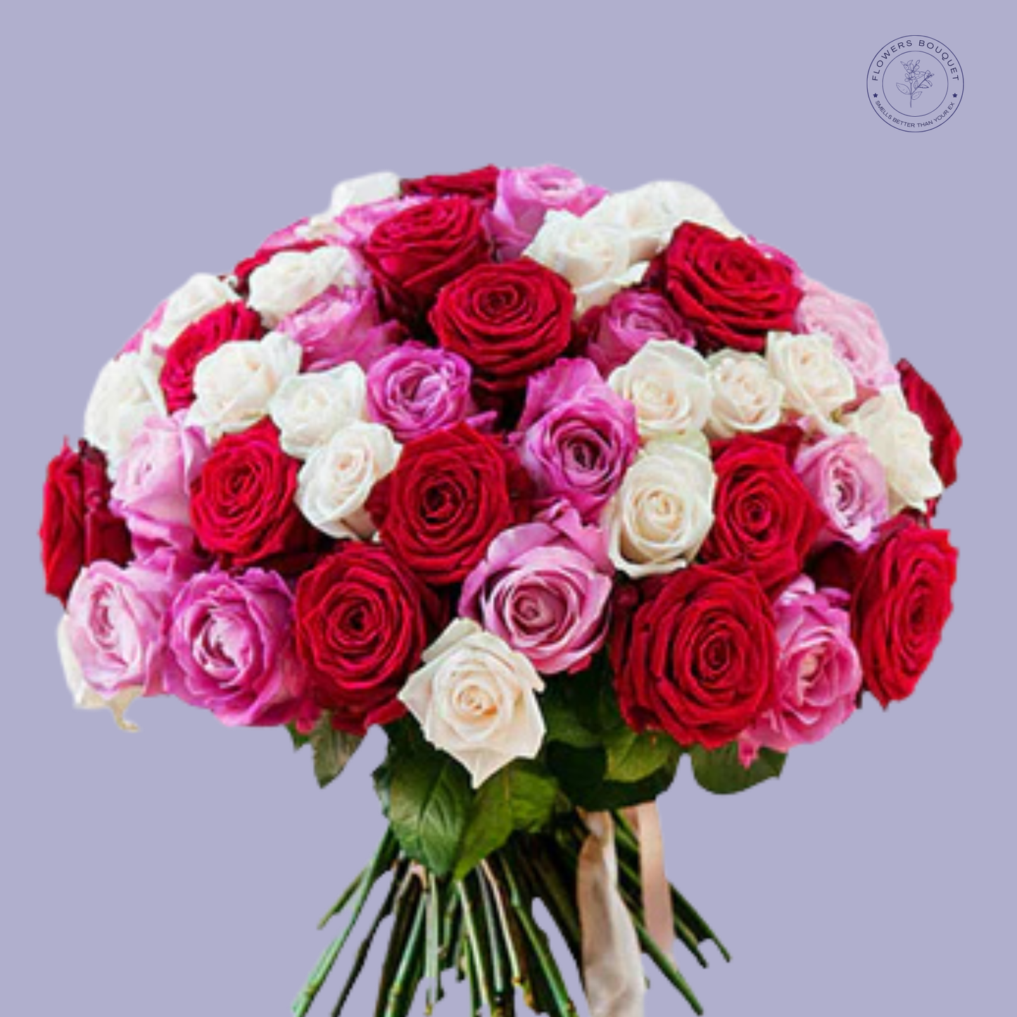 Elegant bouquet of red, pink, and white roses arranged with luxurious wrapping and a satin ribbon.
