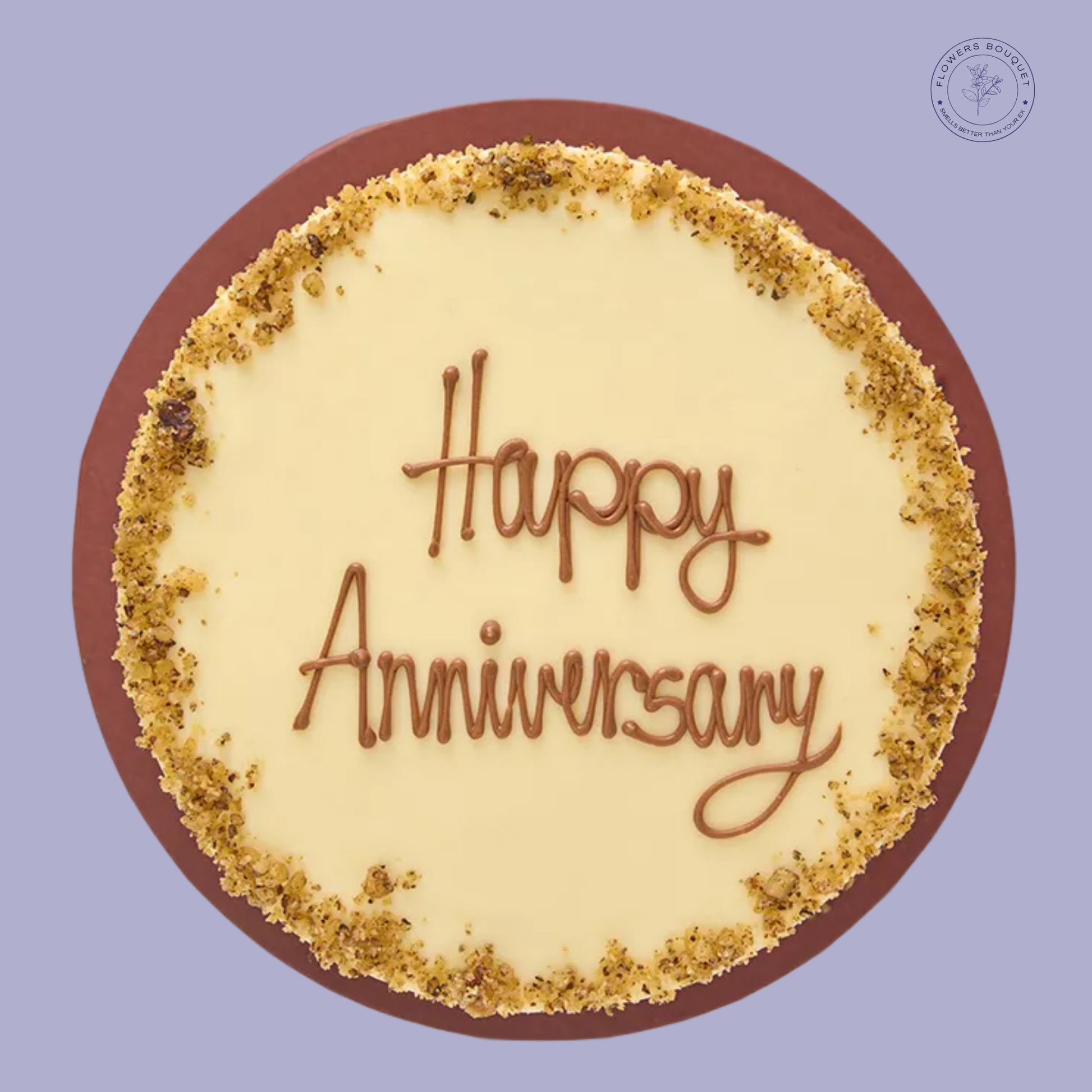 Elegant vanilla anniversary cake with a 'Happy Anniversary' message and nut garnish, ideal for special celebrations.
