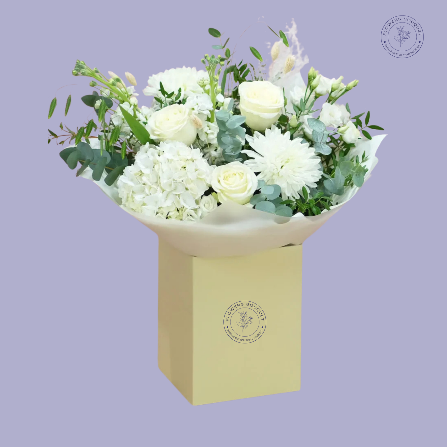 Elegant white bloom box featuring white roses, hydrangeas, chrysanthemums, and eucalyptus, arranged in a premium cream box.