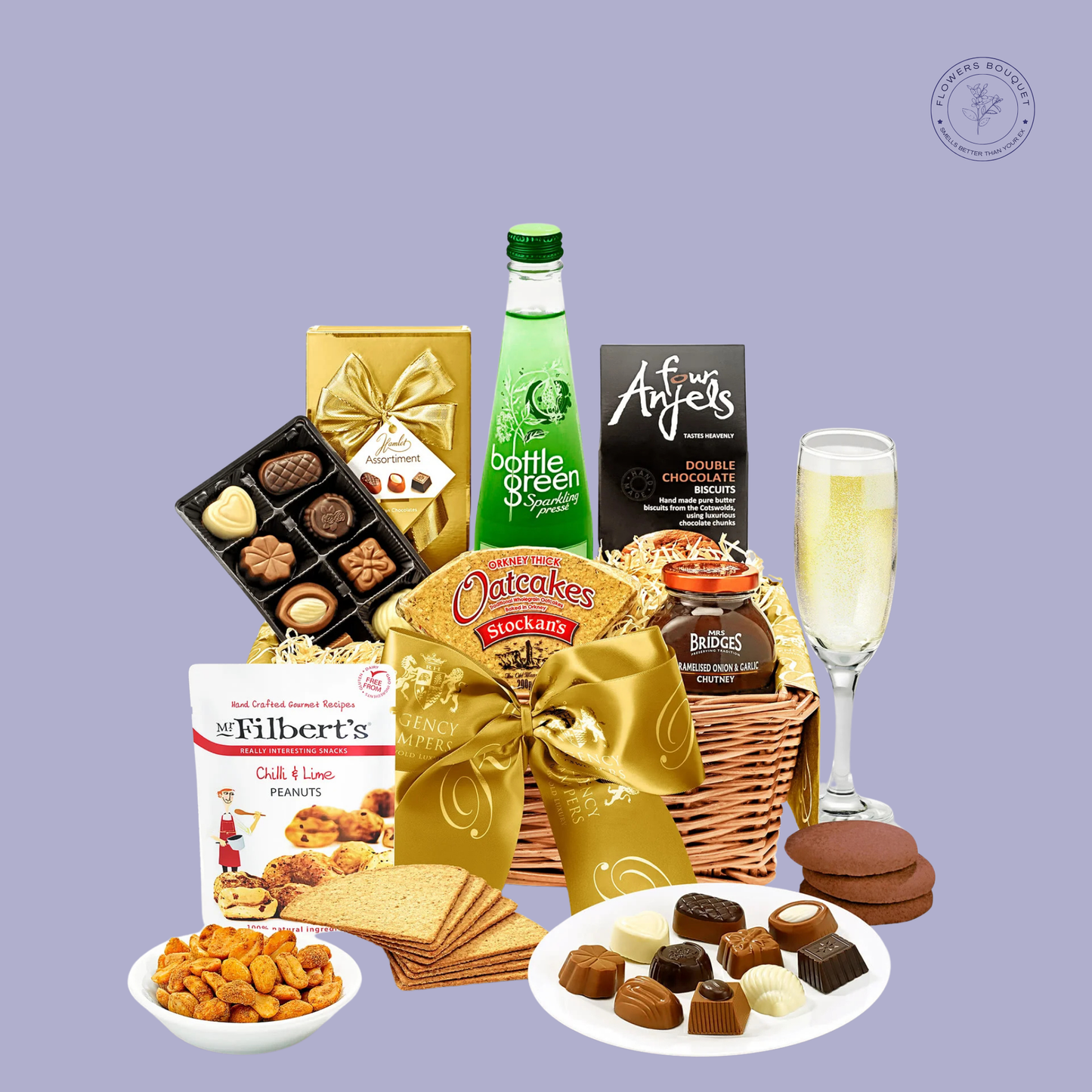 Explore the Gourmet Treats Basket filled with premium chocolates, savory snacks, and sparkling elderflower. Perfect for gifting with 3-hour UK delivery available.