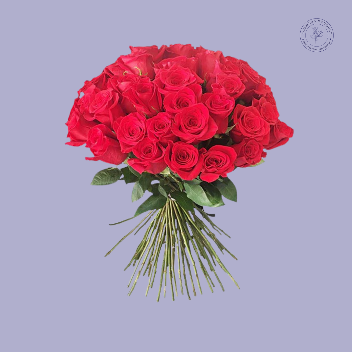 Luxurious bouquet of 24 red roses with greenery, beautifully wrapped and ready for gifting.
