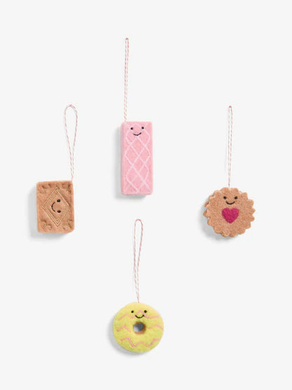 Festive biscuit bauble set with doughnut, cookie, wafer, and jam-filled biscuit Christmas tree decorations in 4 pack