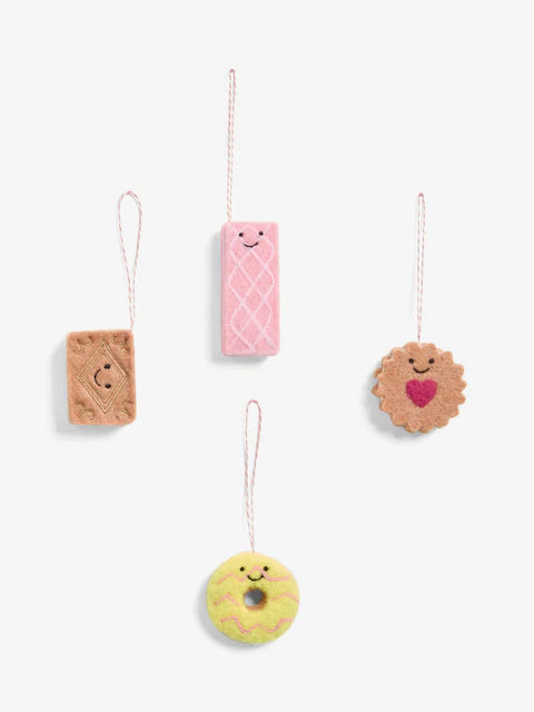 Festive biscuit bauble set with doughnut, cookie, wafer, and jam-filled biscuit Christmas tree decorations in 4 pack
