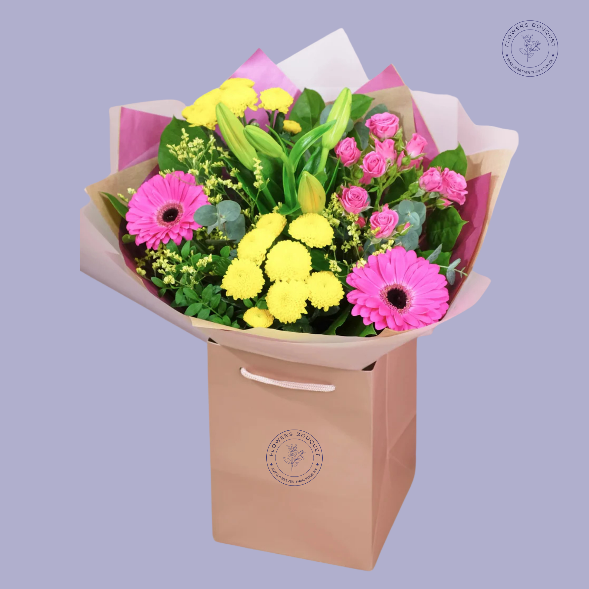Golden Joy Bouquet featuring yellow chrysanthemums, pink gerbera daisies, lilies, spray roses, solidago, and eucalyptus, elegantly presented in a gift bag