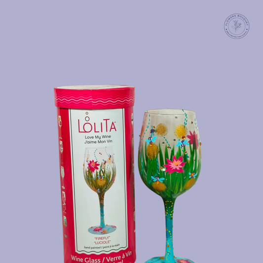 Hand-Painted Lolita Firefly Wine Glass with floral and firefly design in a pink gift box.