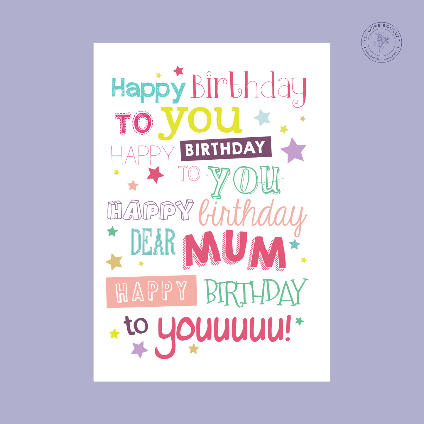 "Happy Birthday to You Dear Mum card with colorful typography and fun star patterns, perfect for a joyful birthday greeting."