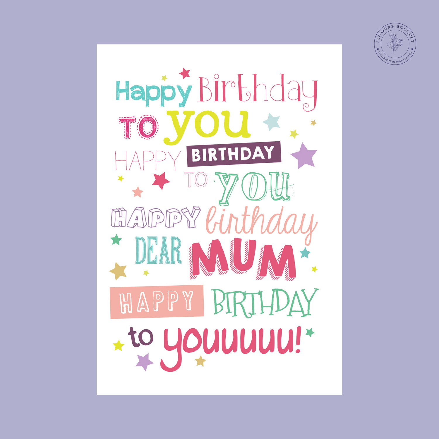 "Happy Birthday to You Dear Mum card with colorful typography and fun star patterns, perfect for a joyful birthday greeting."