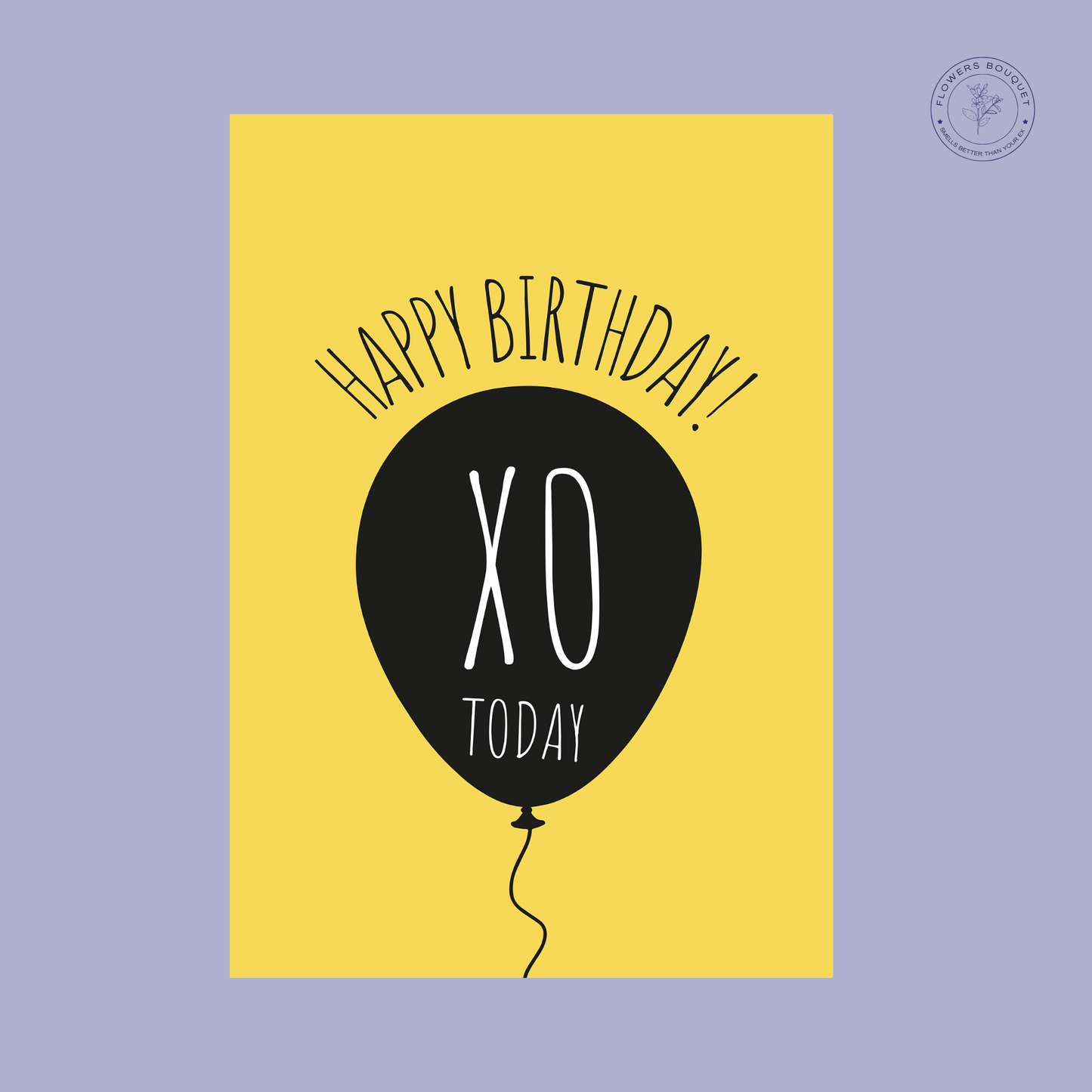 "Happy Birthday XO Balloon Card with a playful design, yellow background, and modern font."