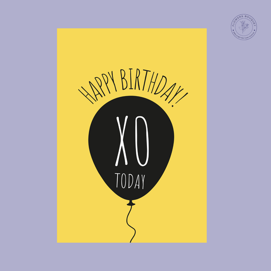 "Happy Birthday XO Balloon Card with a playful design, yellow background, and modern font."