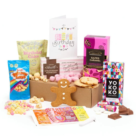 Happy Birthday gift box with popcorn, rainbow drops, bonbons, biscuits, chocolate bar, gingerbread man, and sweets – UK birthday hamper for all ages

