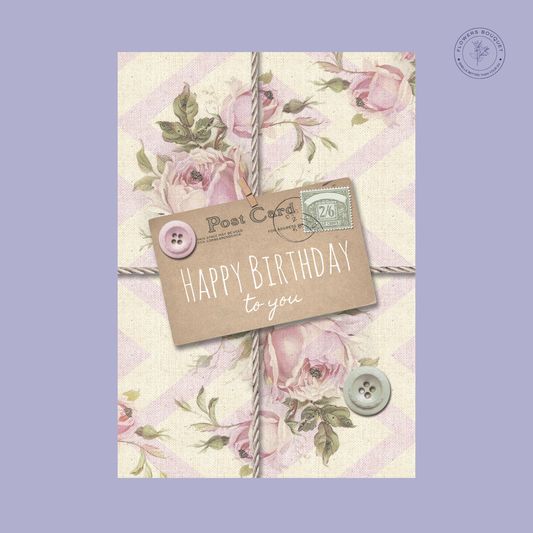 "Happy Birthday to You card with vintage floral design, pastel colors, and buttons."