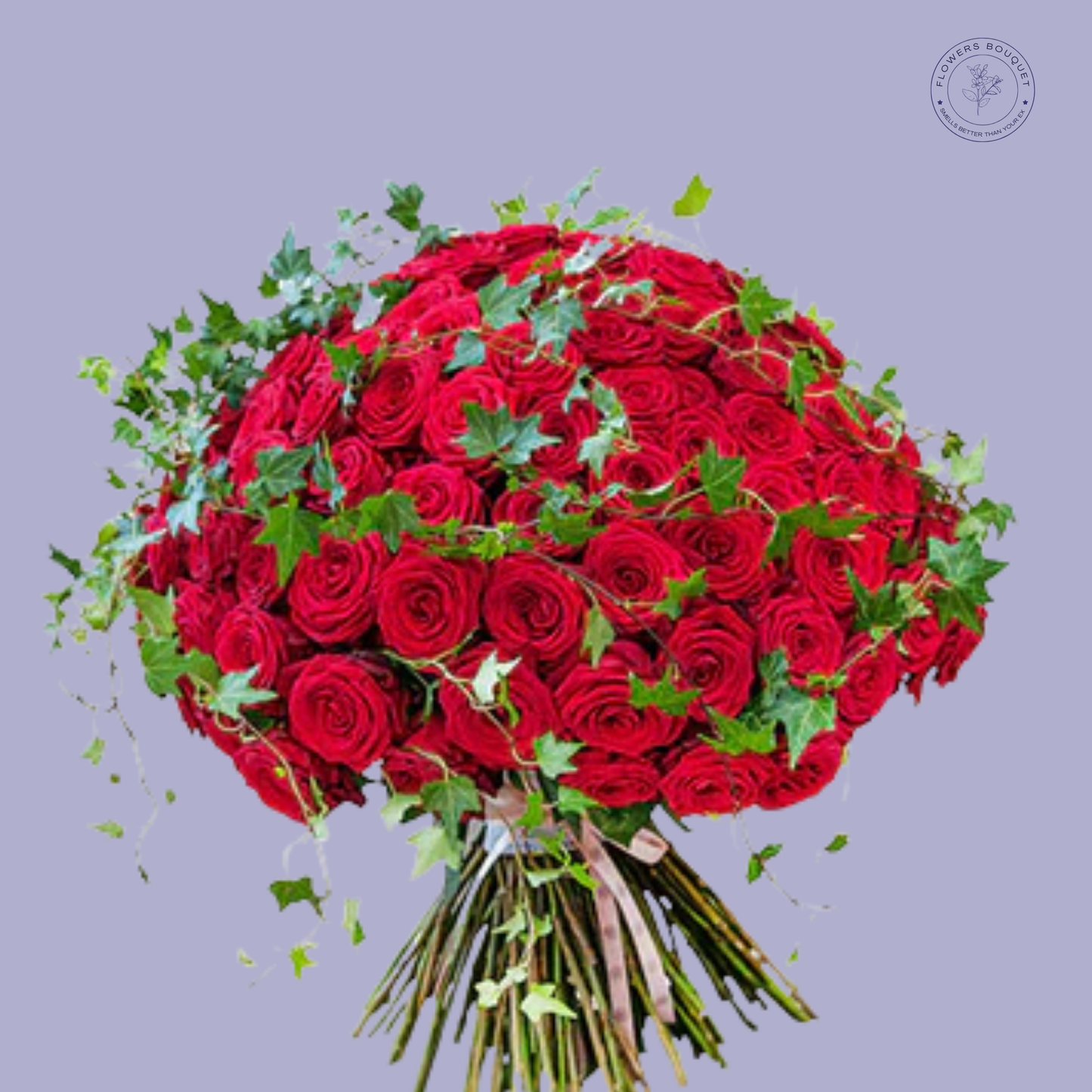 Luxurious bouquet of 50 red roses adorned with cascading ivy, perfect for romantic occasions.