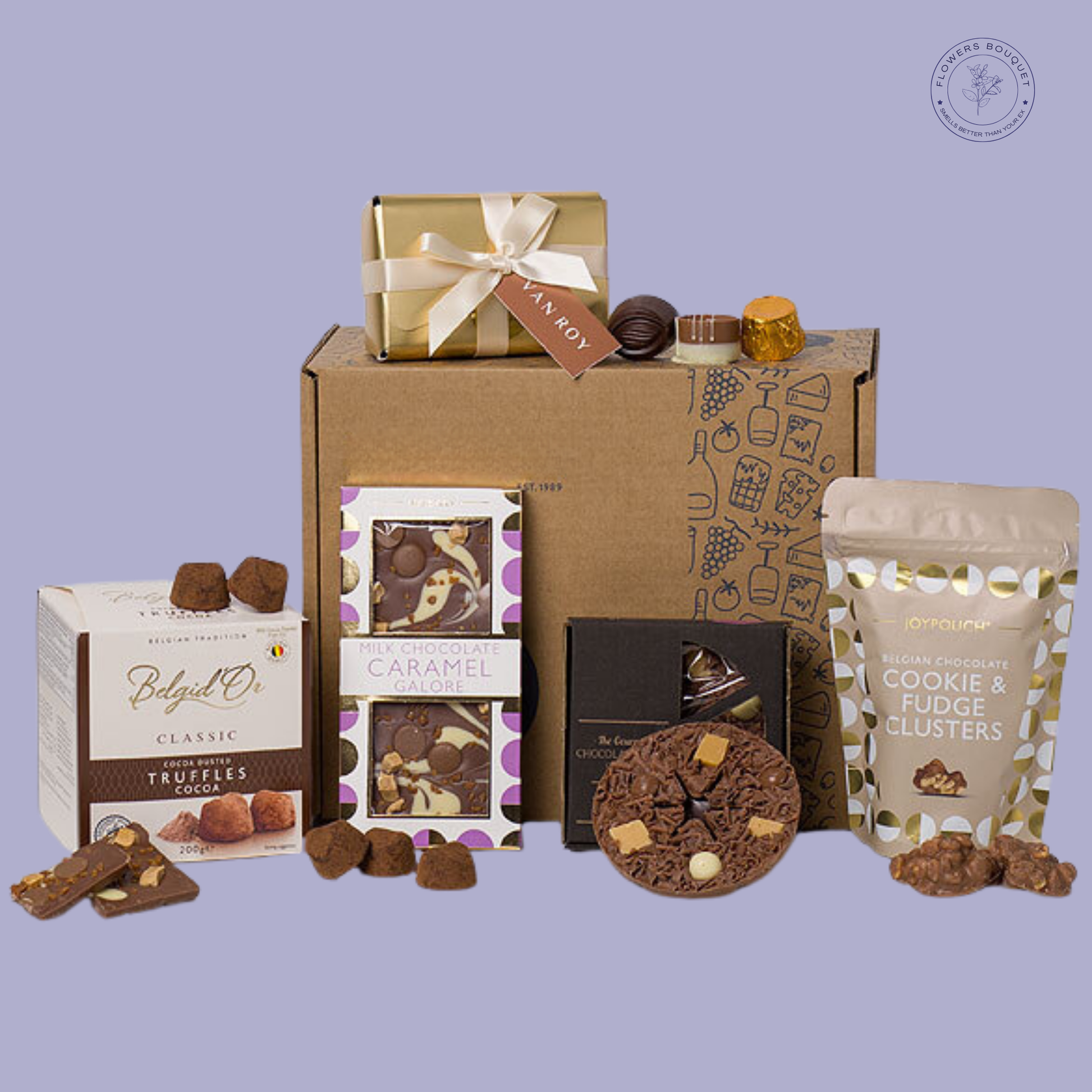 Luxury Belgian chocolate hamper with 200g truffles, 120g caramel bar, 135g fudge clusters, chocolate pizza slice and gold gift box – premium UK chocolate gift