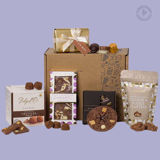 Luxury Belgian chocolate hamper with 200g truffles, 120g caramel bar, 135g fudge clusters, chocolate pizza slice and gold gift box – premium UK chocolate gift