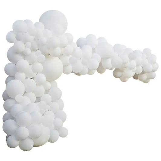 Luxury all-white balloon arch decoration for weddings, birthdays, and corporate events in the