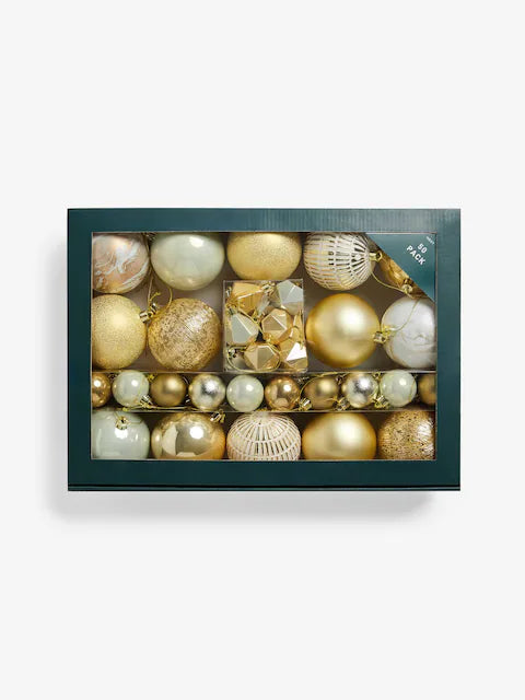 Luxury gold Christmas bauble set with 50 assorted ornaments in matte, shiny, and glitter finishes for festive tree decoration.