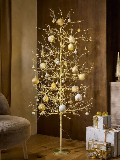 Luxury gold Christmas bauble set with 50 assorted ornaments in matte, shiny, and glitter finishes for festive tree decoration.