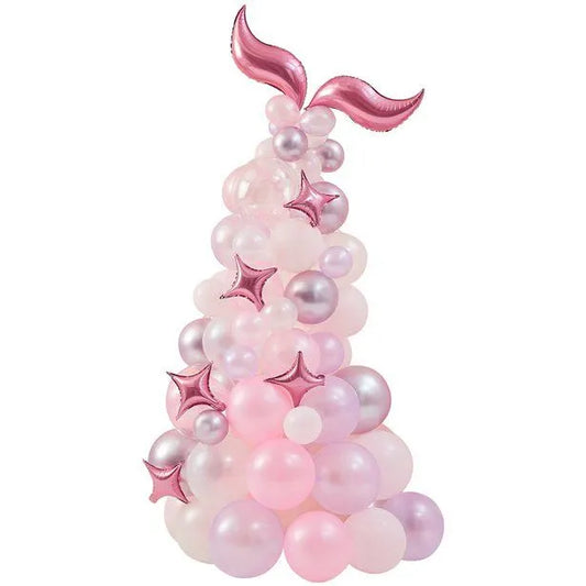 Mermaid balloon garland in pink and purple with metallic foil accents, perfect for UK birthday party and baby shower decorations.