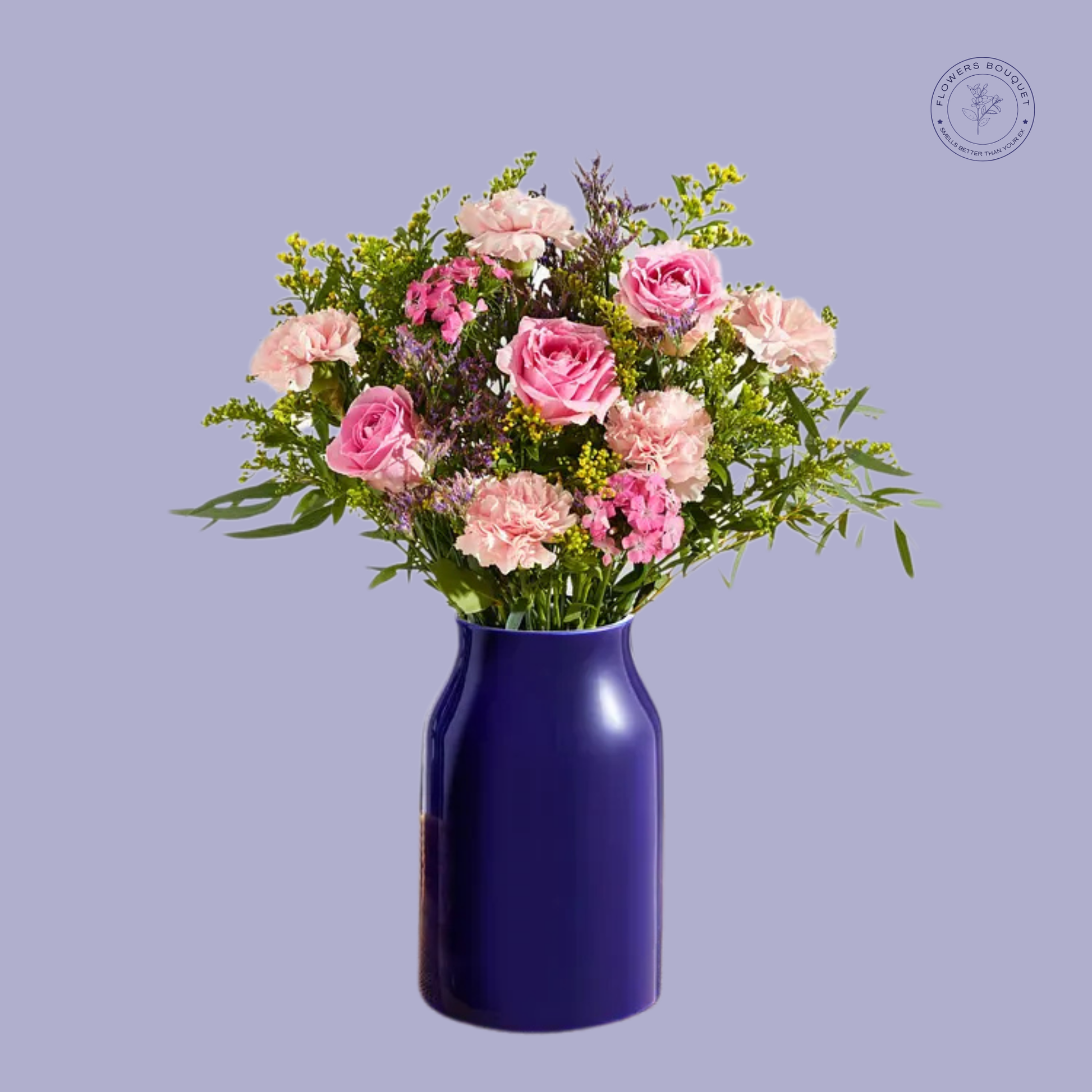 A captivating bouquet called "Midnight Blush," featuring pink roses, carnations, spray carnations, solidago, and lush greenery in a sleek midnight blue vase.