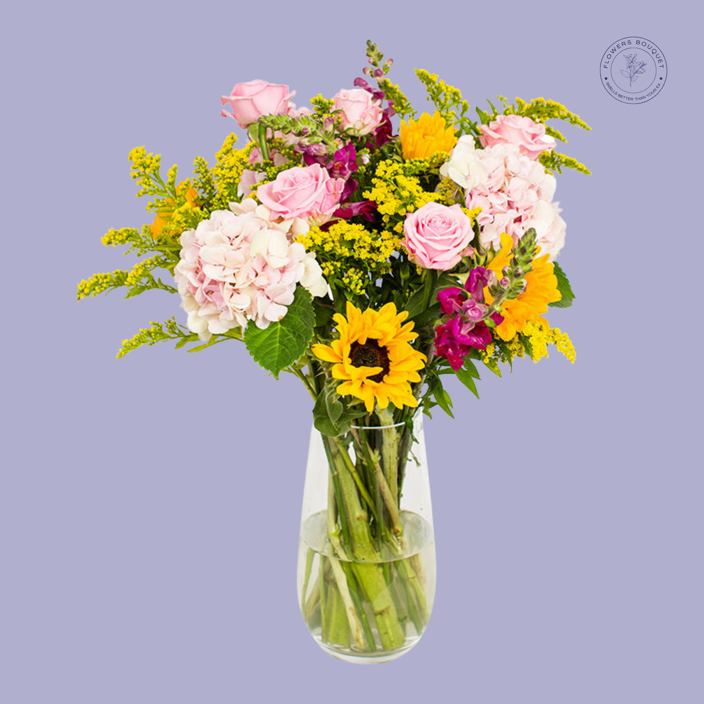 Mixed Sunflower and Rose Bouquet with sunflowers, pink roses, hydrangeas, snapdragons, and goldenrod.