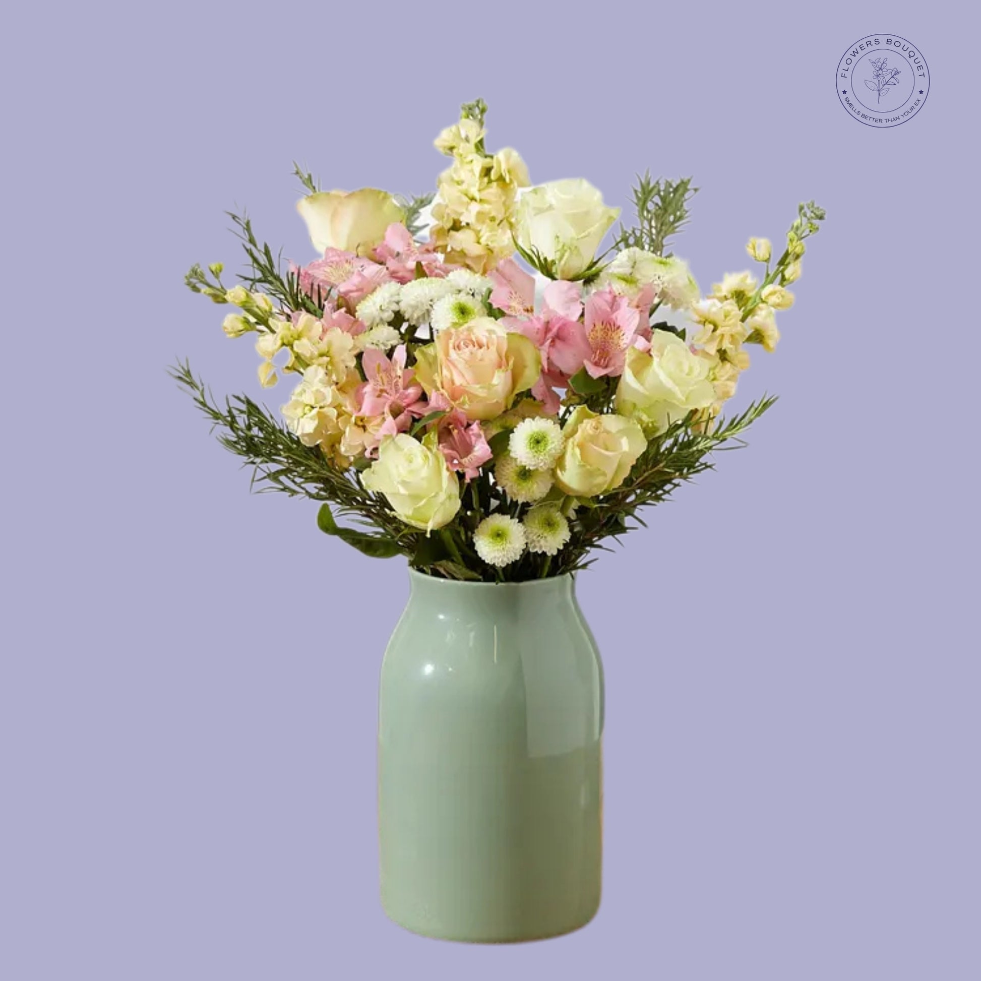 Pastel Grace Arrangement with white and pink roses, chrysanthemums, alstroemeria, and snapdragons in a mint-green ceramic vase.
