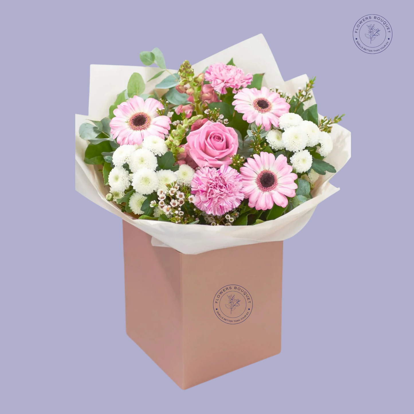 Pink Radiance Bloom Box featuring pink roses, gerberas, carnations, and white chrysanthemums, arranged in a stylish pink box.