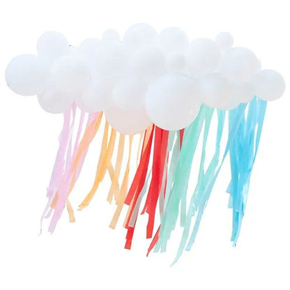 Rainbow cloud balloon decoration with white balloons and colourful hanging streamers for parties
