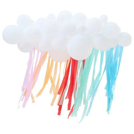 Rainbow cloud balloon decoration with white balloons and colourful hanging streamers for parties