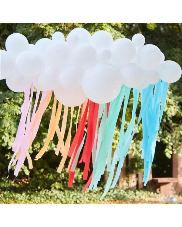 Rainbow cloud balloon decoration with white balloons and colourful hanging streamers for parties