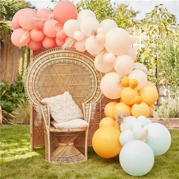 Rainbow pastel balloon arch decoration for garden party, wedding, baby shower, and birthday celebrations – UK & US party décor"