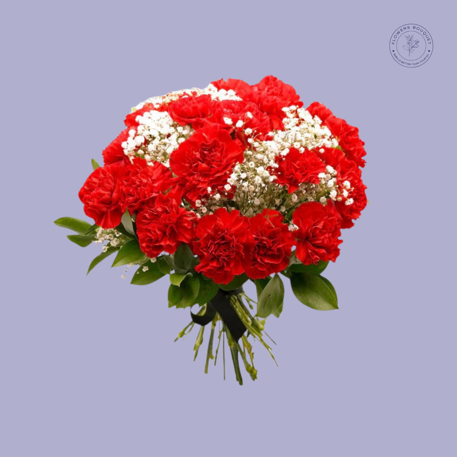 Red carnations bouquet with baby's breath and fresh greenery in a clear vase.