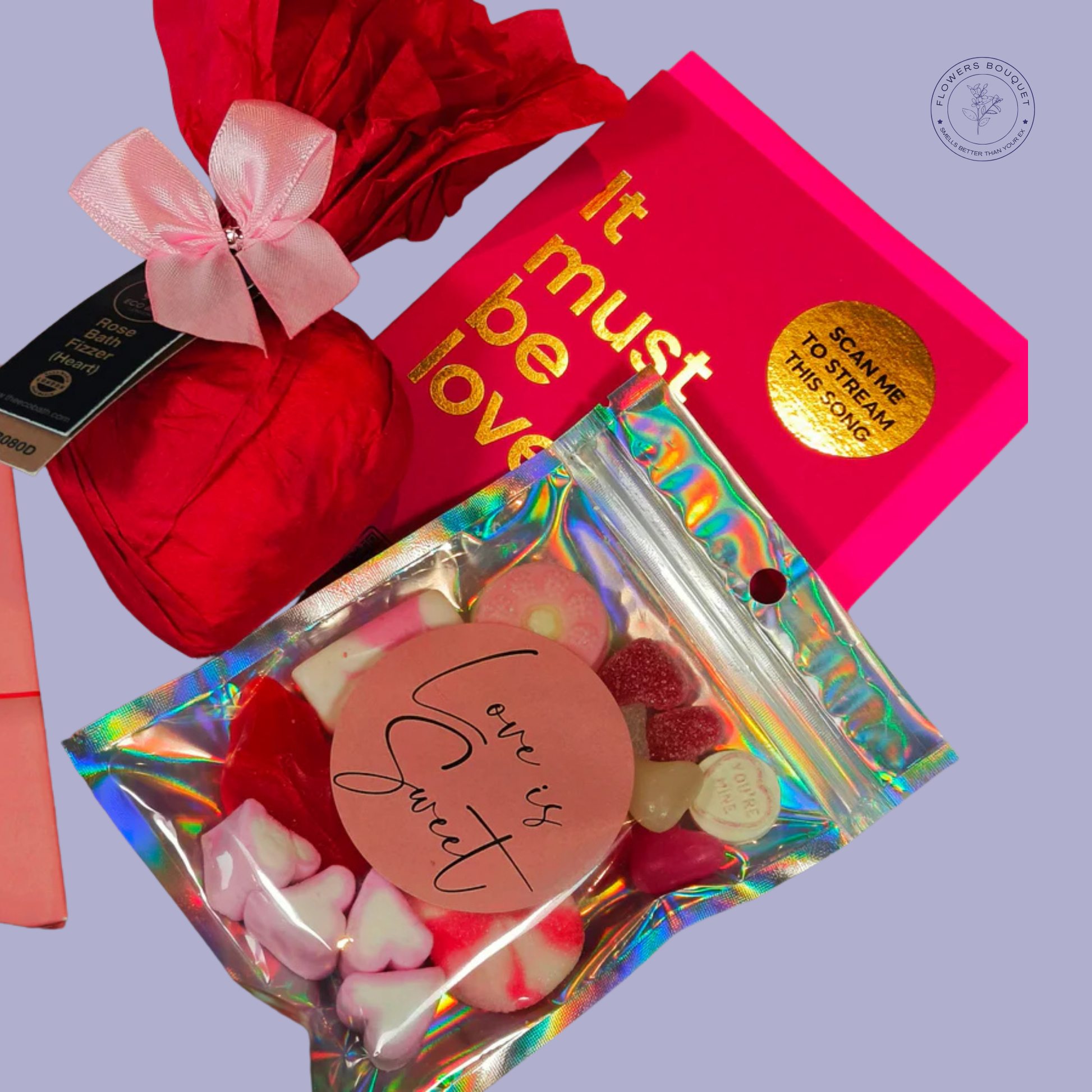 Romantic Love & Sweet Treats Gift Set with love-themed sweets, bath bomb, and a sentimental gift book.