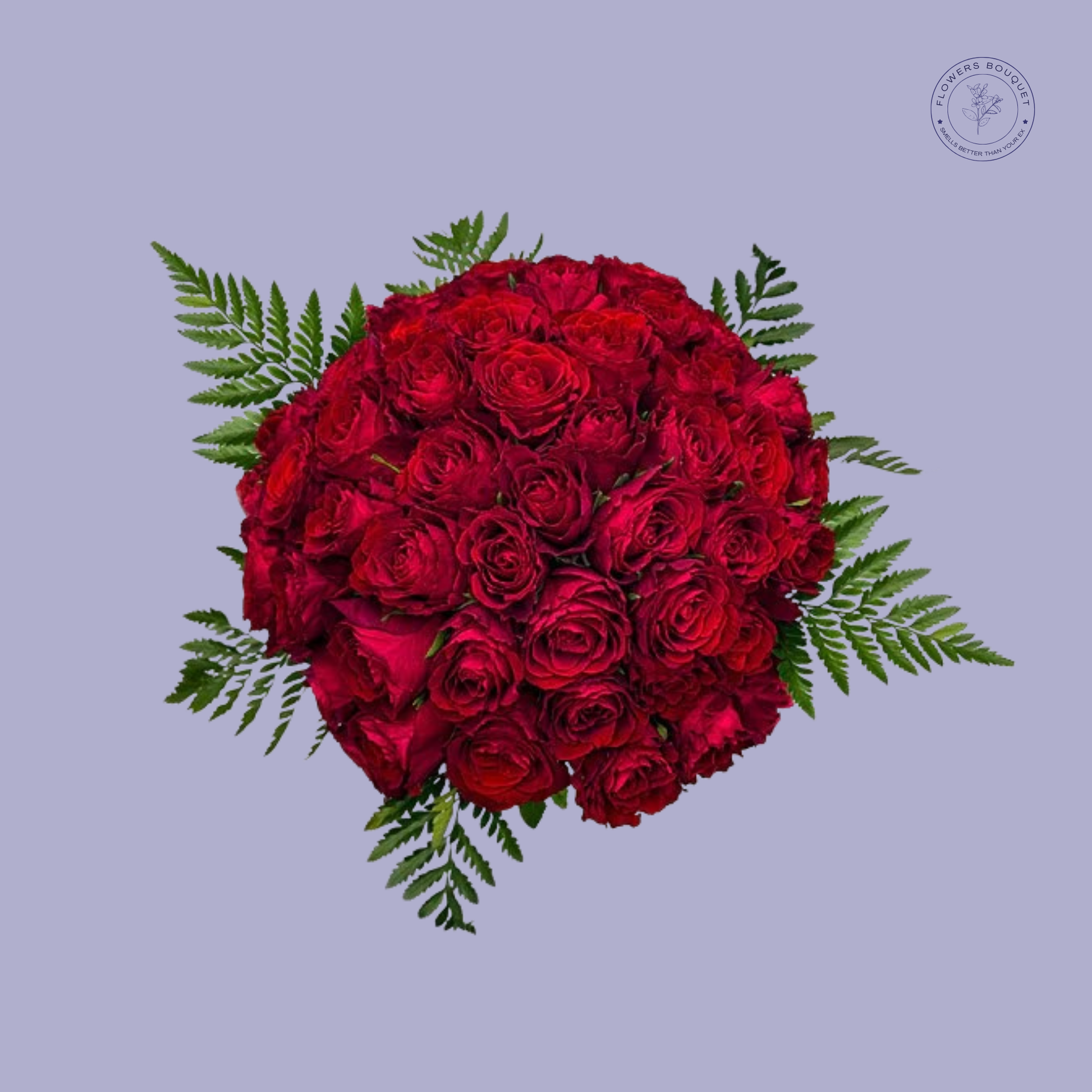 Luxurious 50-stem red rose bouquet with fern leaves, symbolizing deep love and passion.