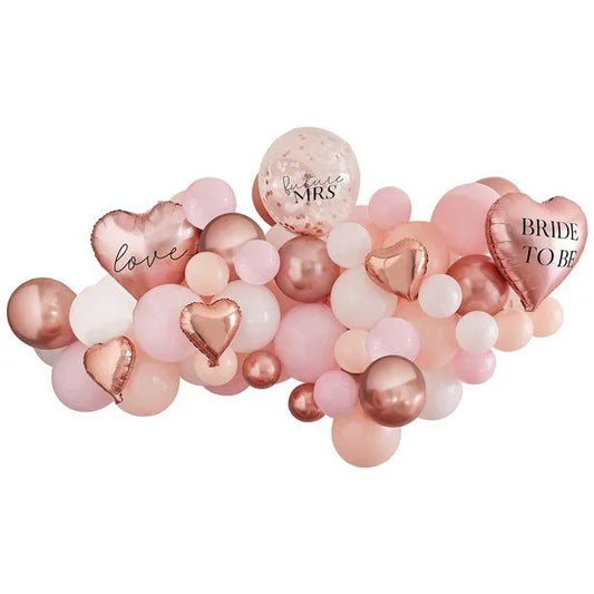Rose gold bridal balloon arch kit with blush pink and white balloons, pampas accents, and “Bride to Be” heart foil – perfect for bridal shower décor.