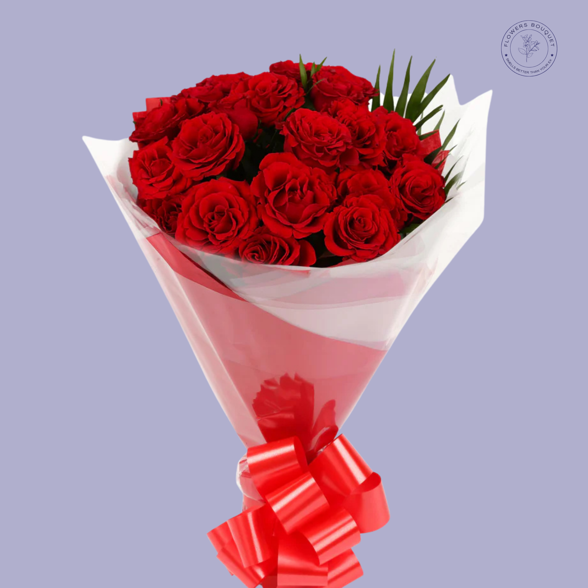 Ruby Passion Bouquet featuring red spray roses wrapped in glossy red paper with a luxurious bow, perfect for romantic occasions.