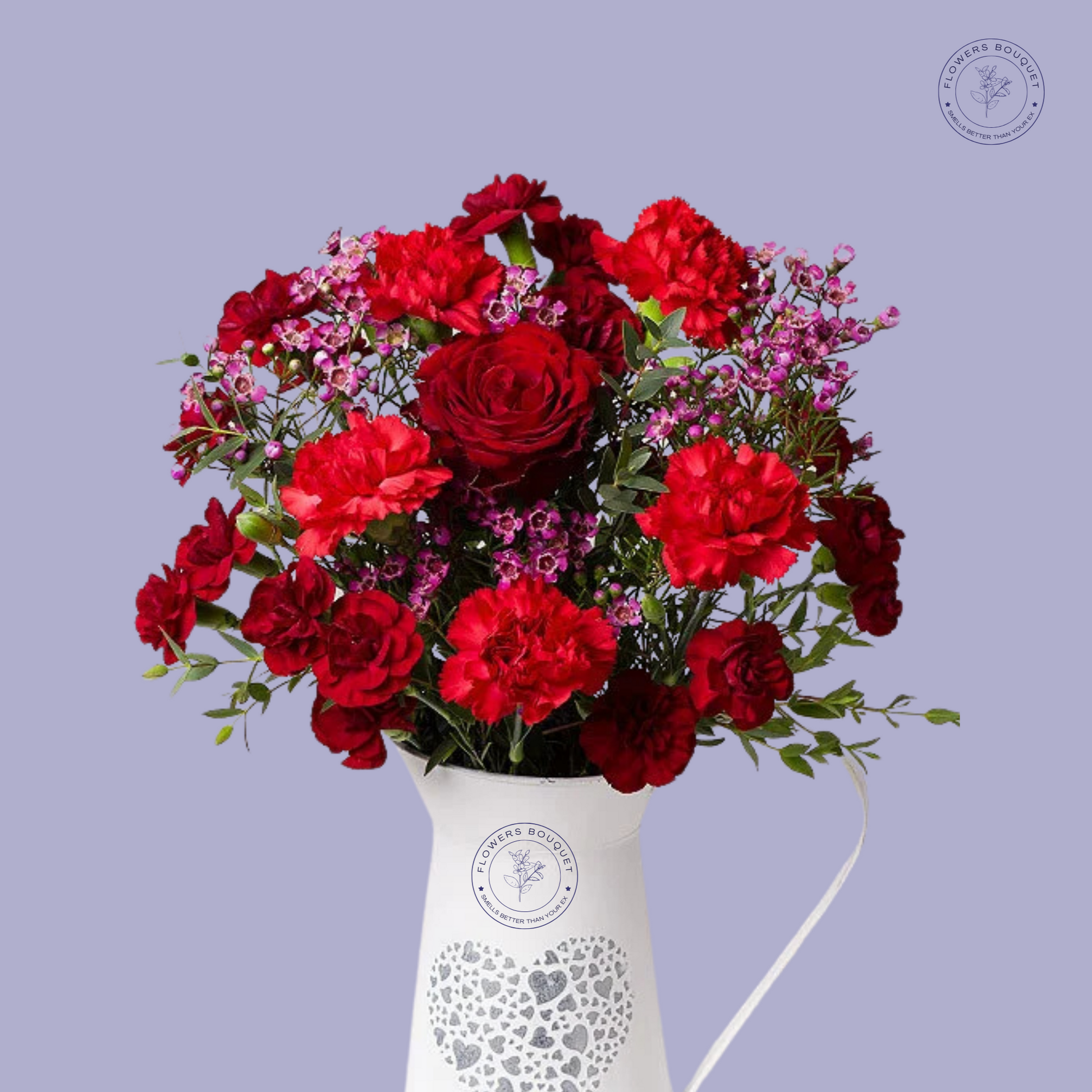 Scarlet Elegance Bouquet featuring red roses, red carnations, and pink wax flowers in a heart-patterned vase for romantic occasions.