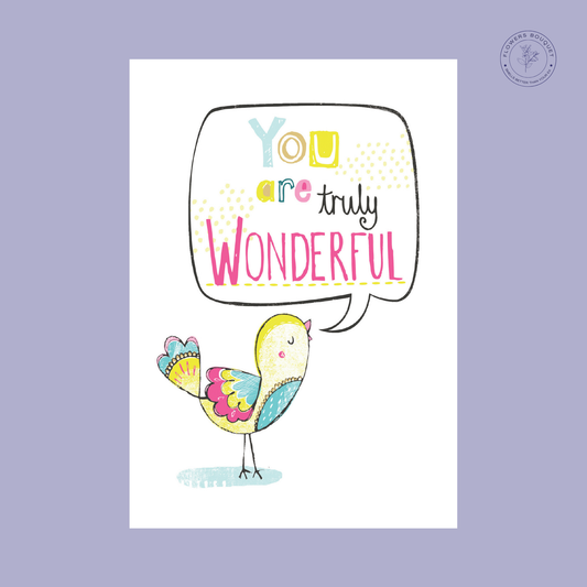 "Simply to Say Thank You card with colorful text and a charming bird illustration, perfect for expressing gratitude."