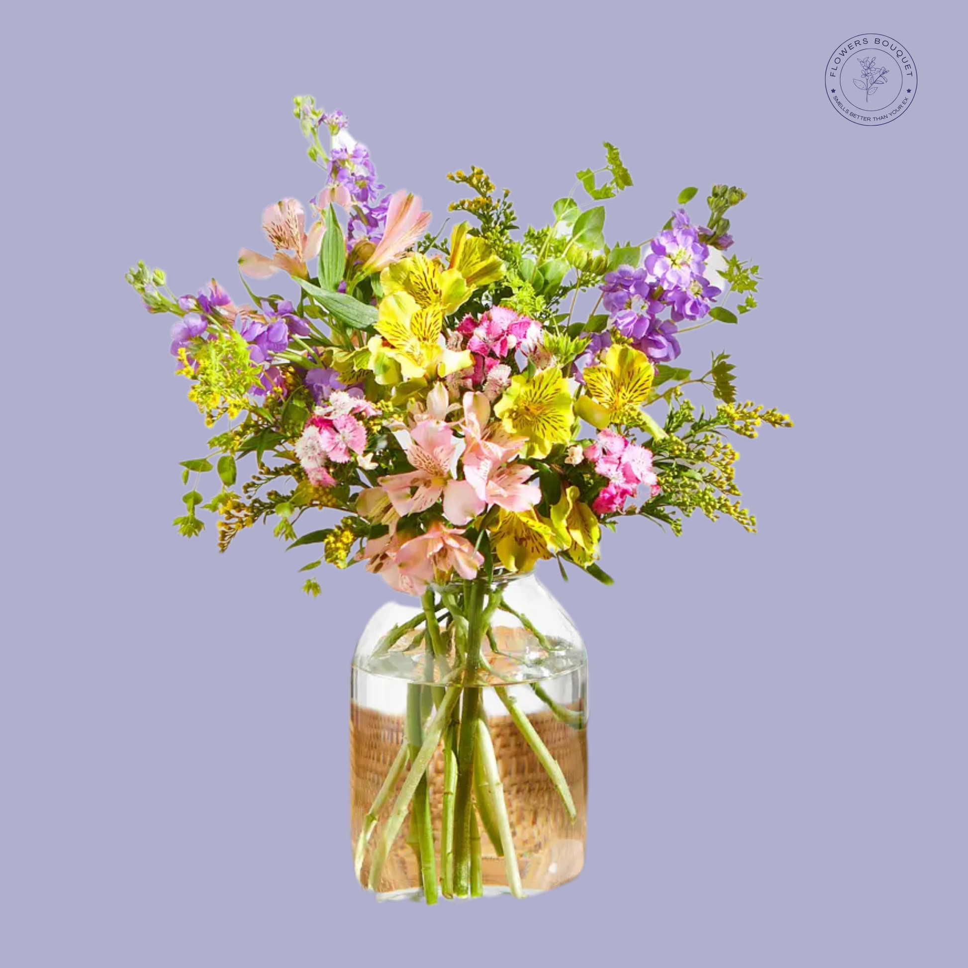 A vibrant bouquet called "Spring Harmony," featuring yellow alstroemeria, pink spray carnations, purple stock, solidago, and soft pink lilies in a clear glass vase.