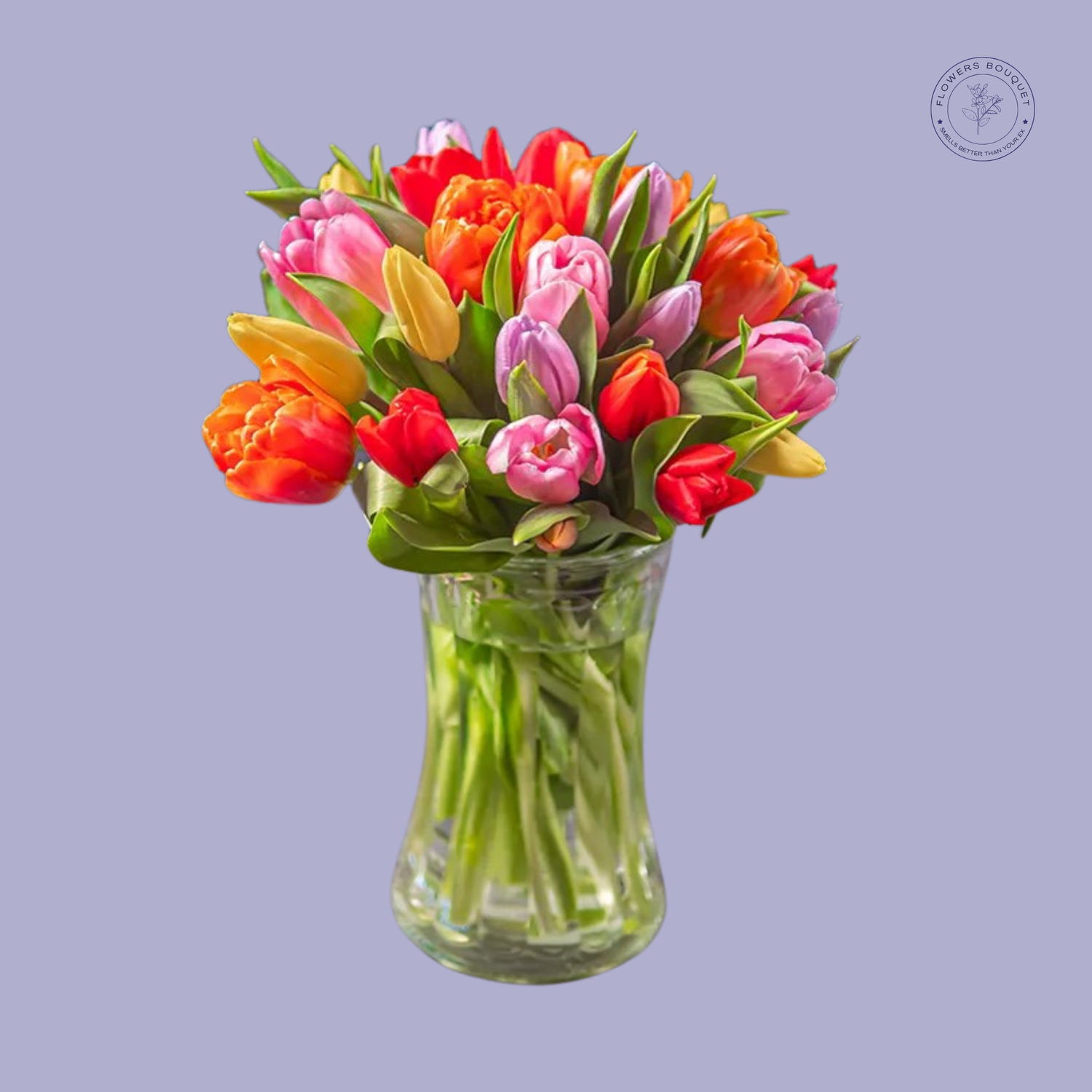 A vibrant Spring Tulip Bouquet with red, orange, pink, and yellow tulips in a vase.