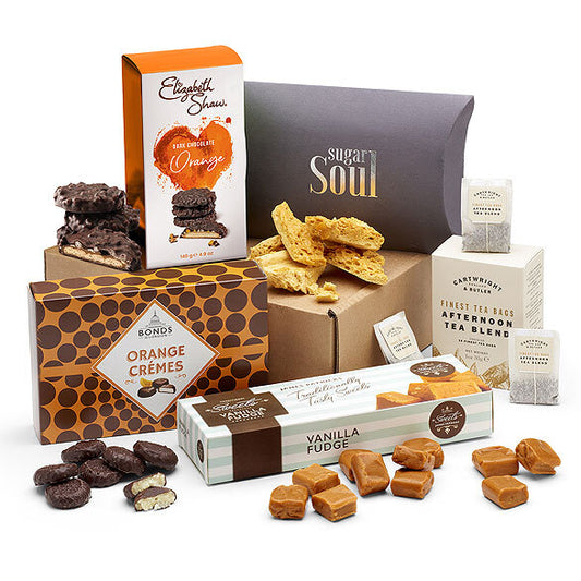 Sugar Soul afternoon tea hamper with chocolate orange biscuits, vanilla fudge, orange crèmes, honeycomb and tea bags – premium UK gift box

