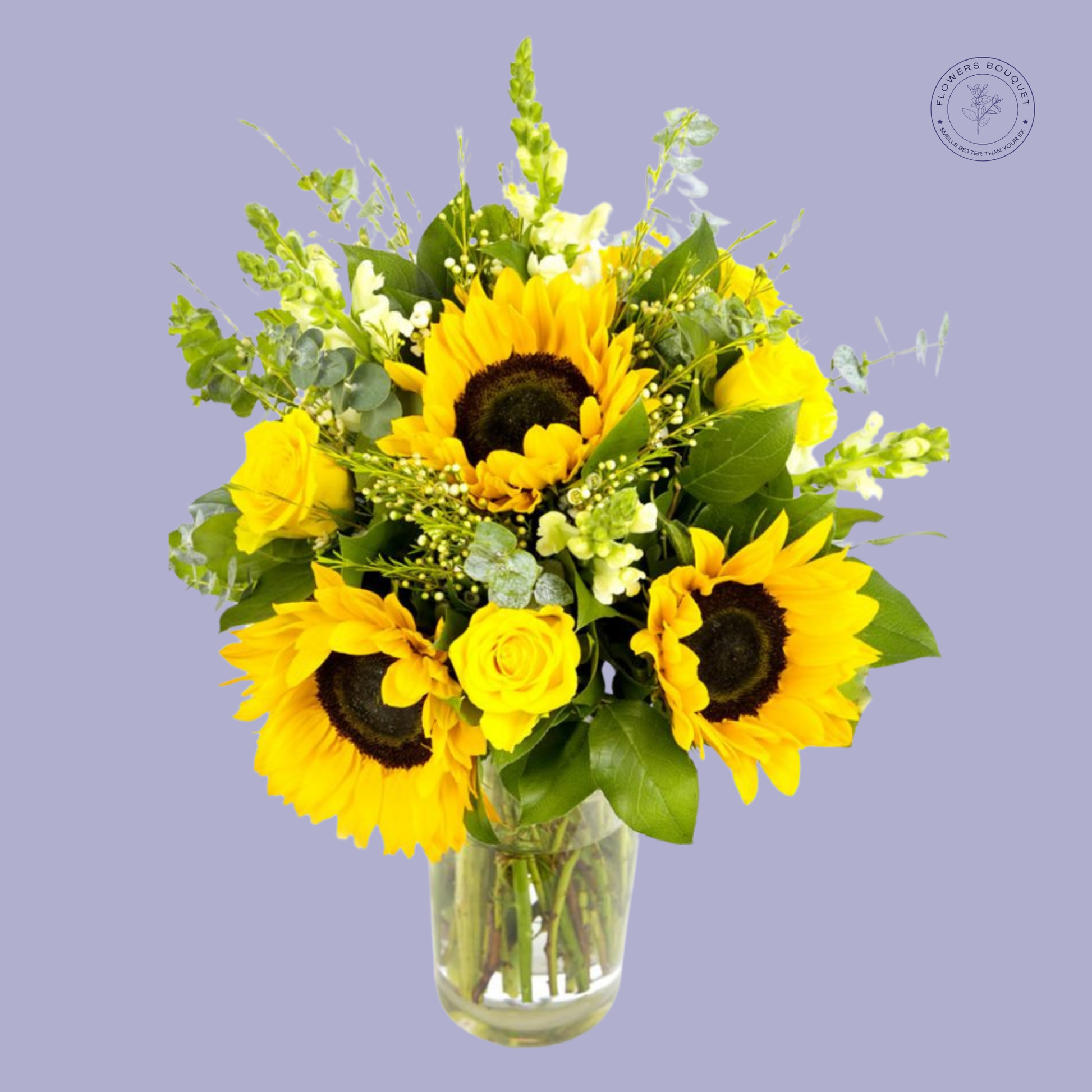 Sunflower & Yellow Roses Bouquet with bright sunflowers, yellow roses, and lush greenery.